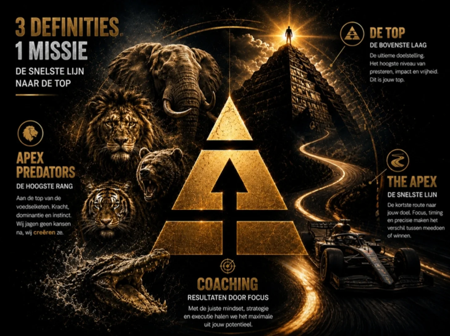 De drie definities van Apex: Apex Predators, The Apex en de top van de piramide, verbonden door coaching